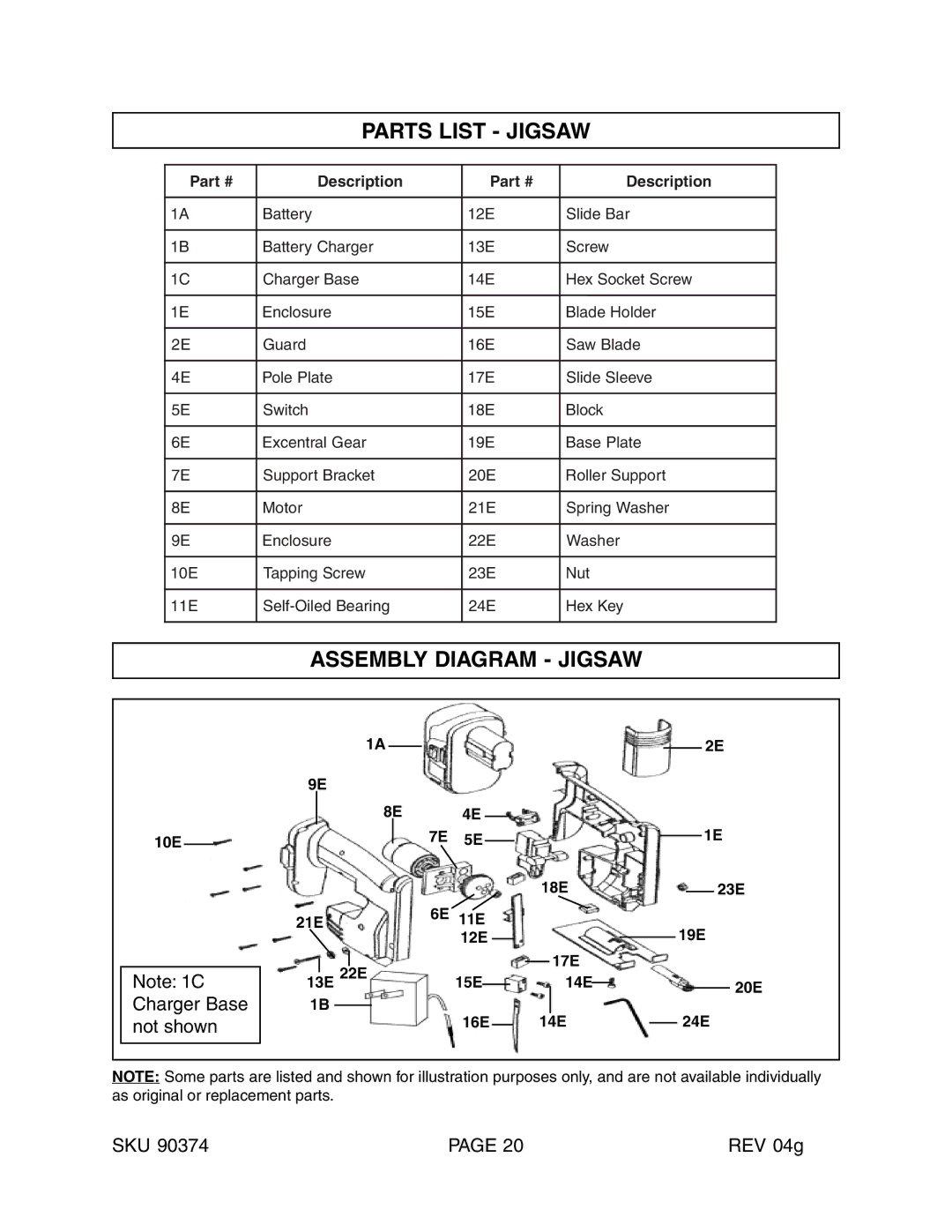 Harbor Freight Tools 90374 operating instructions Parts List Jigsaw, Assembly Diagram Jigsaw 