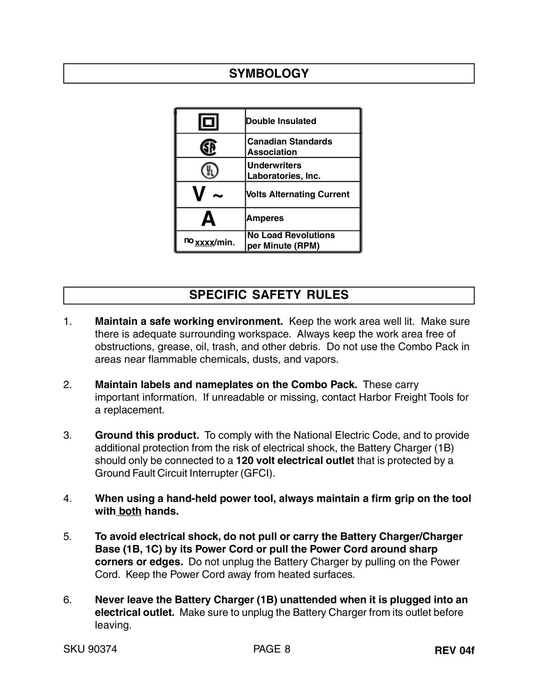 Harbor Freight Tools 90374 operating instructions Symbology, Specific Safety Rules, REV 04f 