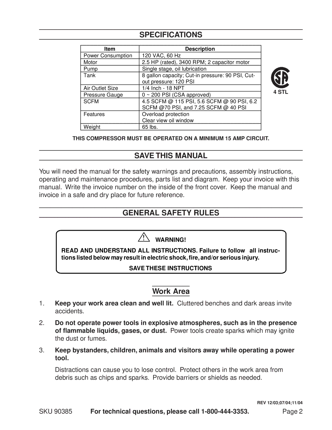 Harbor Freight Tools 90385 operating instructions Specifications, Save this Manual, General Safety Rules, Work Area 