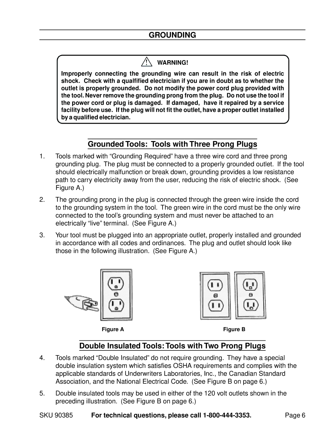 Harbor Freight Tools 90385 operating instructions Grounding, Grounded Tools Tools with Three Prong Plugs 