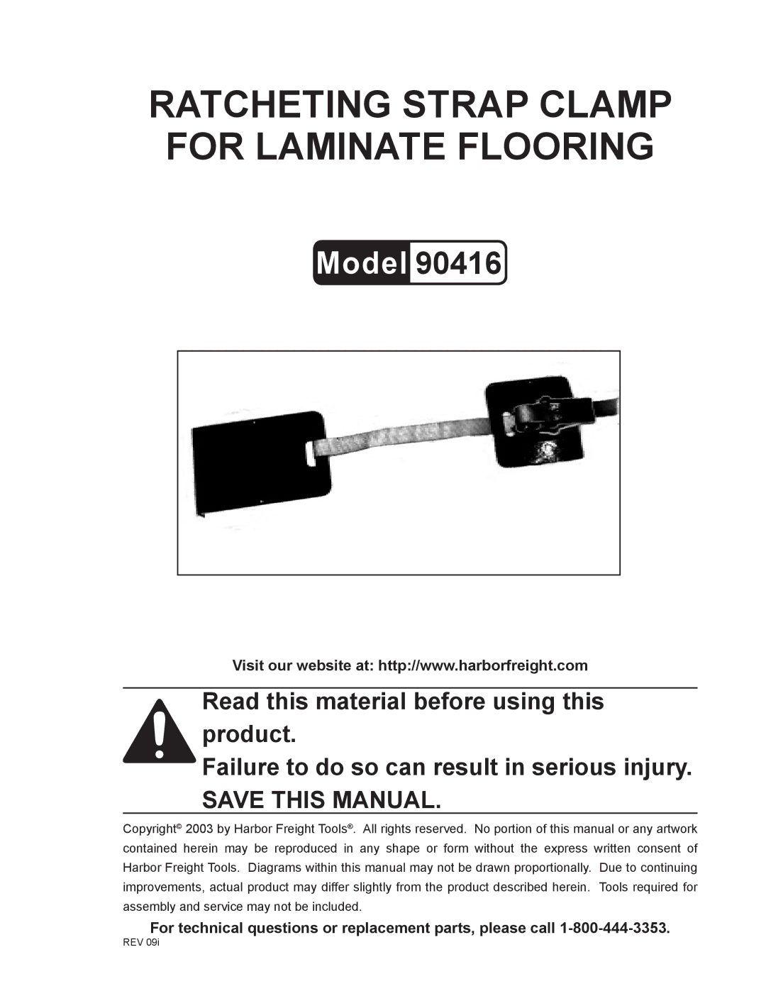 Harbor Freight Tools 90416 manual Ratcheting Strap Clamp for Laminate Flooring 