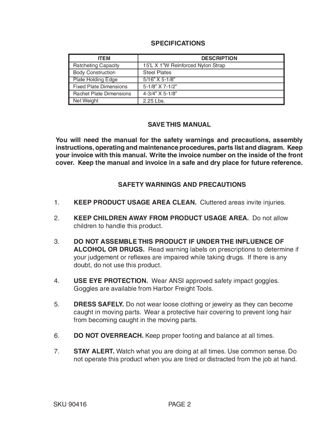 Harbor Freight Tools 90416 manual Specifications, Save this Manual, Safety Warnings and Precautions 