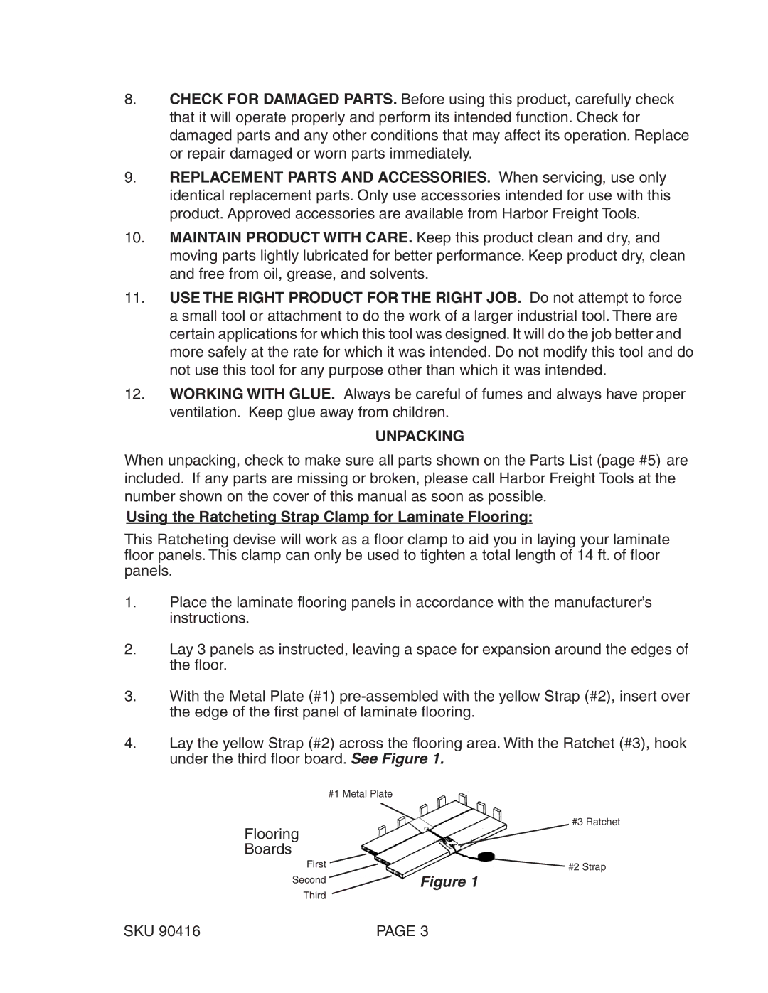 Harbor Freight Tools 90416 manual Unpacking, Using the Ratcheting Strap Clamp for Laminate Flooring 