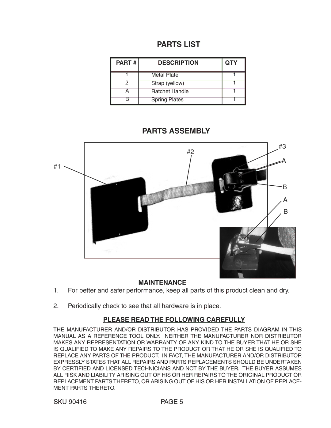 Harbor Freight Tools 90416 manual Maintenance, Please Read the Following Carefully 