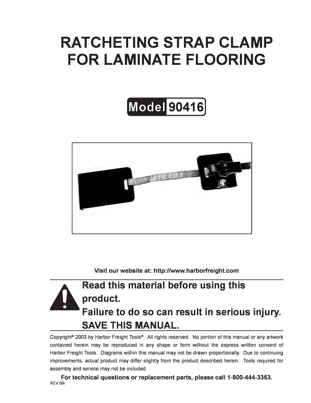 Harbor Freight Tools 90416 manual Ratcheting Strap Clamp For Laminate Flooring, Assembly & Operation Instructions 