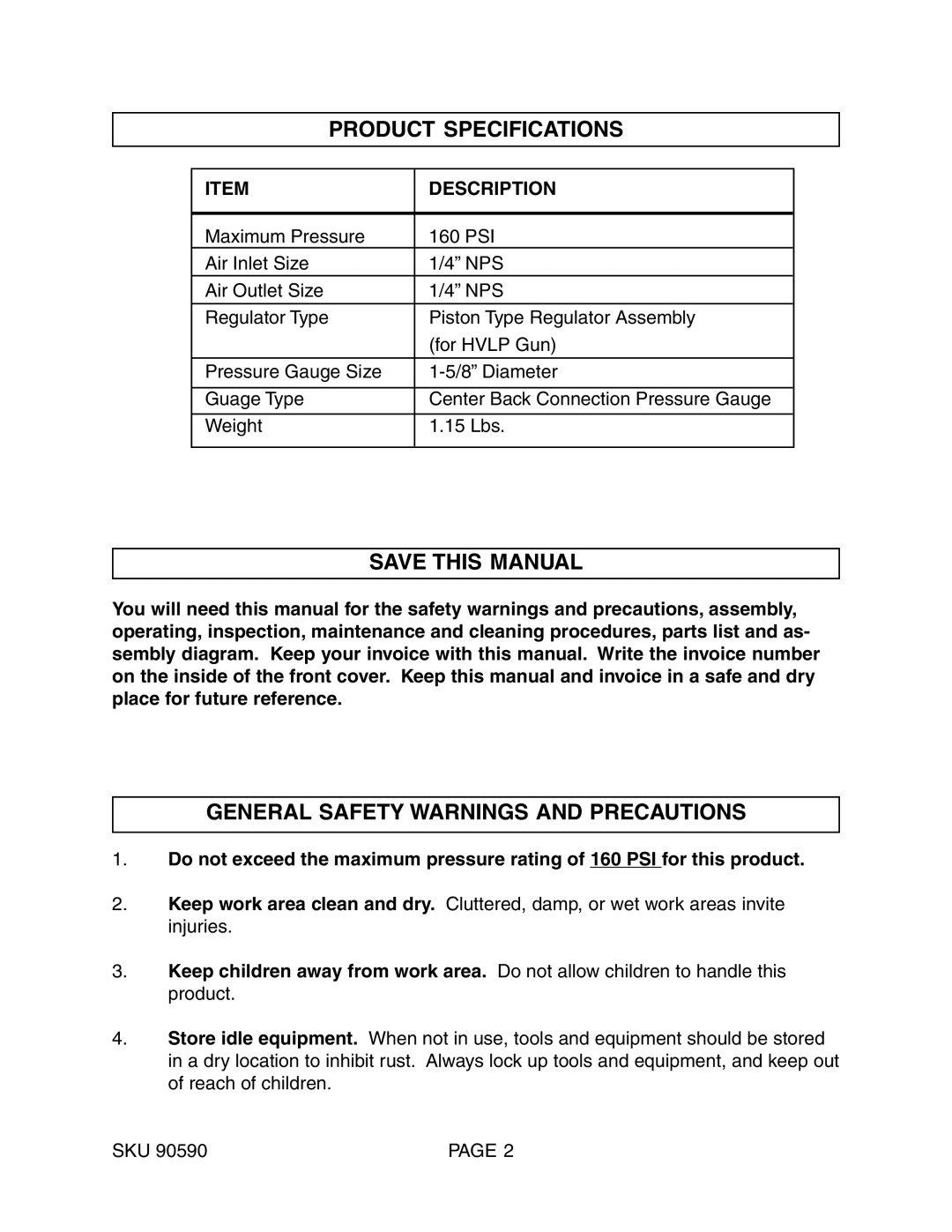 Harbor Freight Tools 90590 Product Specifications, Save this Manual, General Safety Warnings and Precautions, Description 