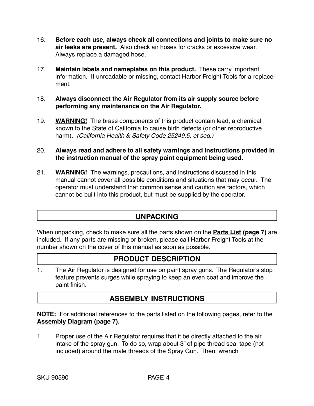 Harbor Freight Tools 90590 manual Unpacking, Product Description, Assembly Instructions, Assembly Diagram 