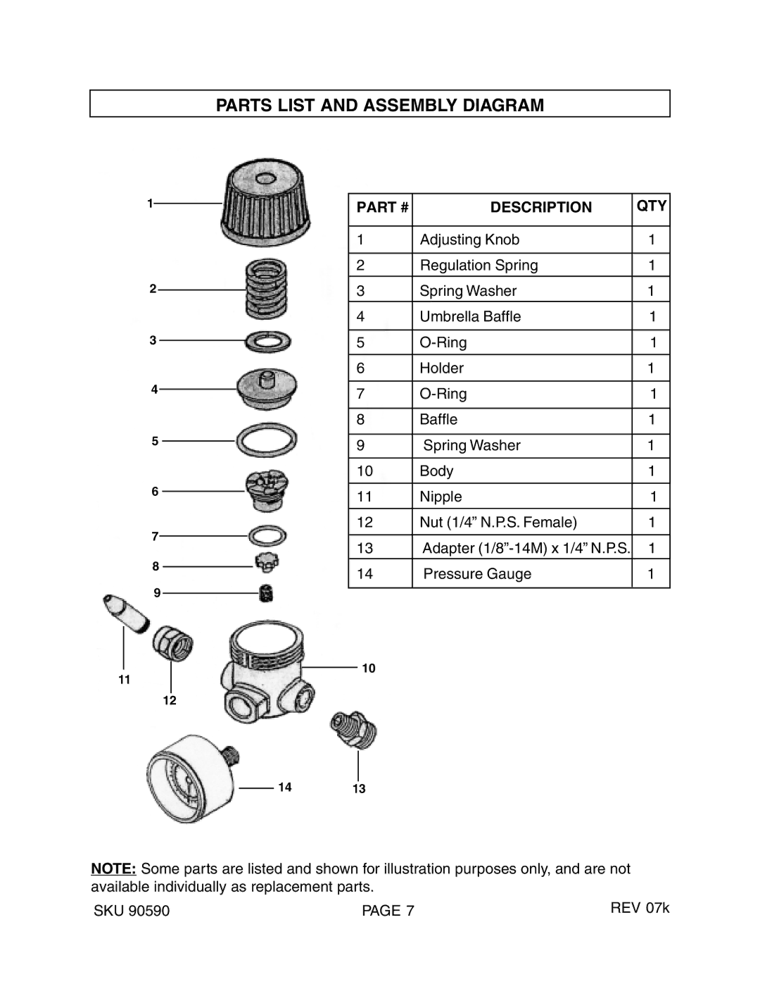 Harbor Freight Tools 90590 manual Parts List and Assembly Diagram, Description QTY 