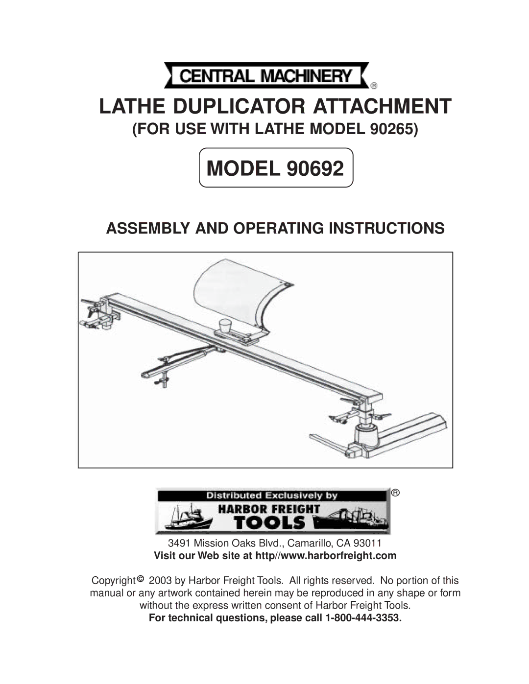 Harbor Freight Tools 90692 operating instructions Lathe Duplicator Attachment, For technical questions, please call 