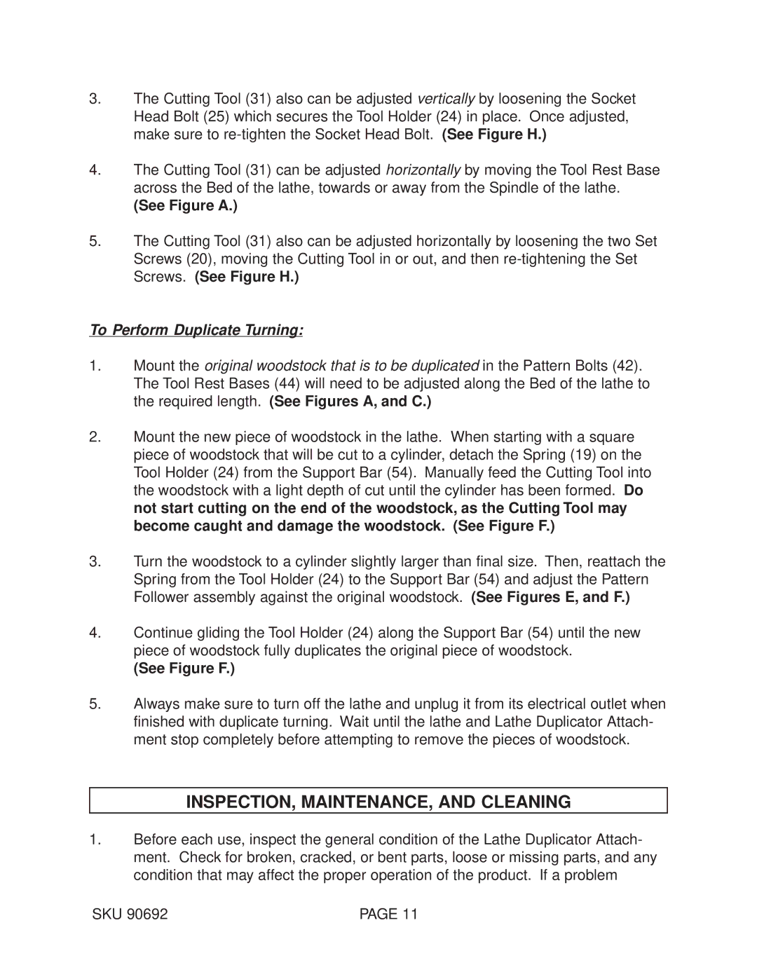 Harbor Freight Tools 90692 INSPECTION, MAINTENANCE, and Cleaning, See Figure a, To Perform Duplicate Turning 