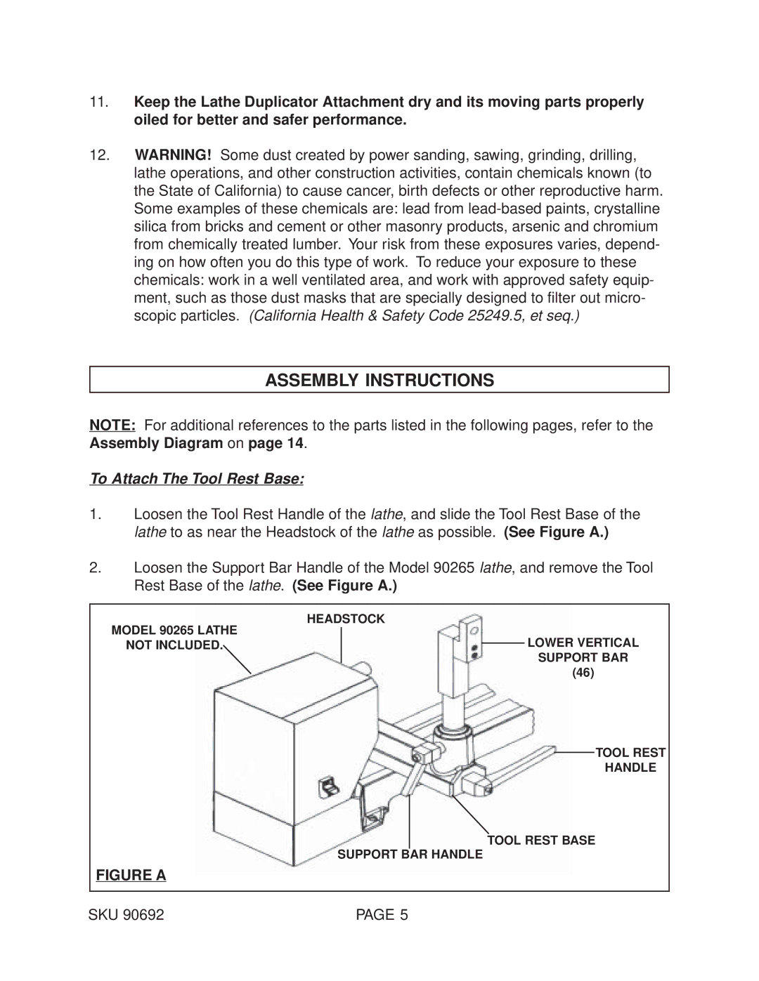 Harbor Freight Tools 90692 operating instructions Assembly Instructions, To Attach The Tool Rest Base 