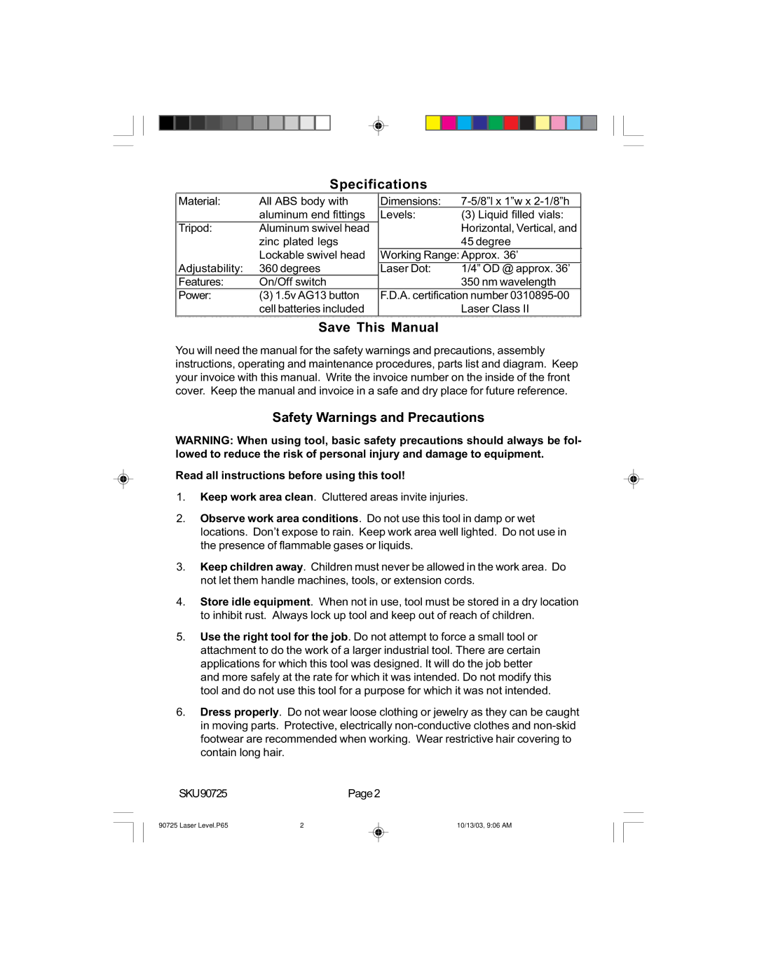 Harbor Freight Tools 90725 operating instructions Specifications, Save This Manual, Safety Warnings and Precautions 