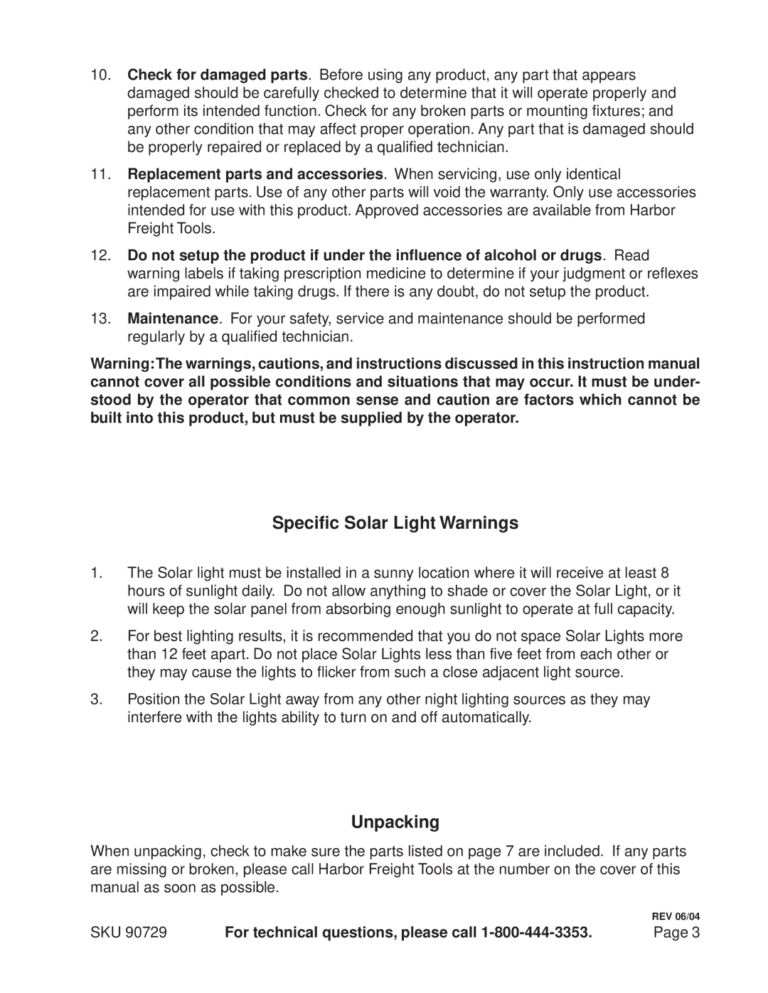 Harbor Freight Tools 90729 manual Specific Solar Light Warnings, Unpacking 