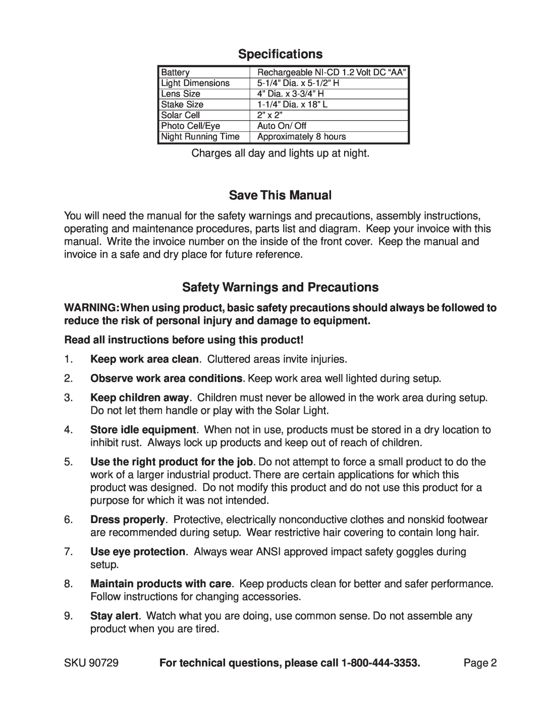 Harbor Freight Tools 90729 manual Specifications, Save This Manual, Safety Warnings and Precautions 