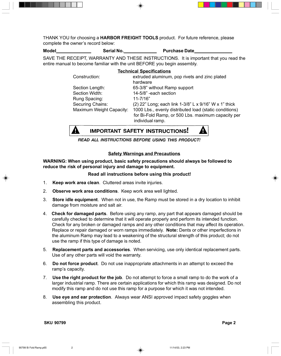 Harbor Freight Tools 90799 operating instructions Sku 