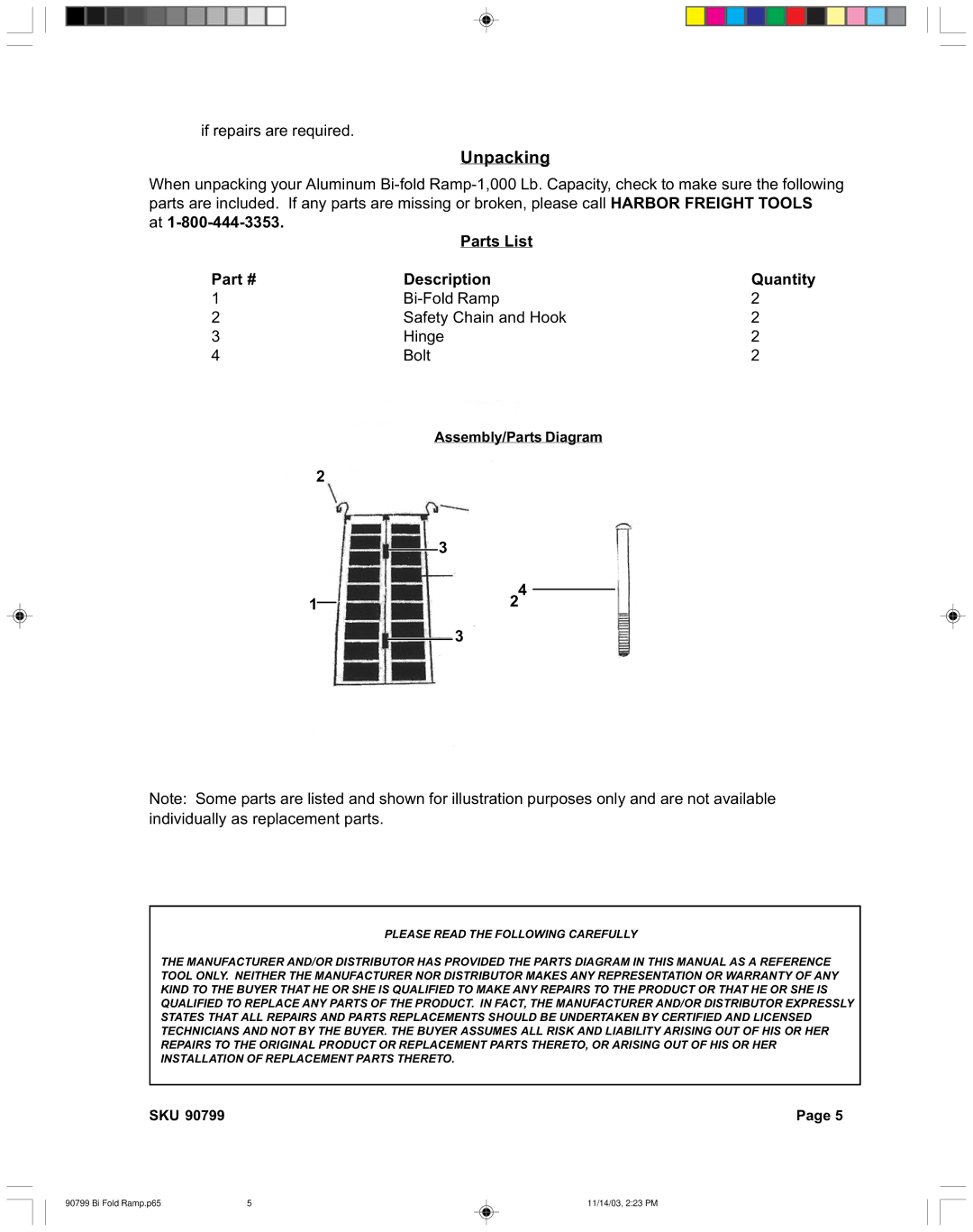 Harbor Freight Tools 90799 operating instructions Unpacking 