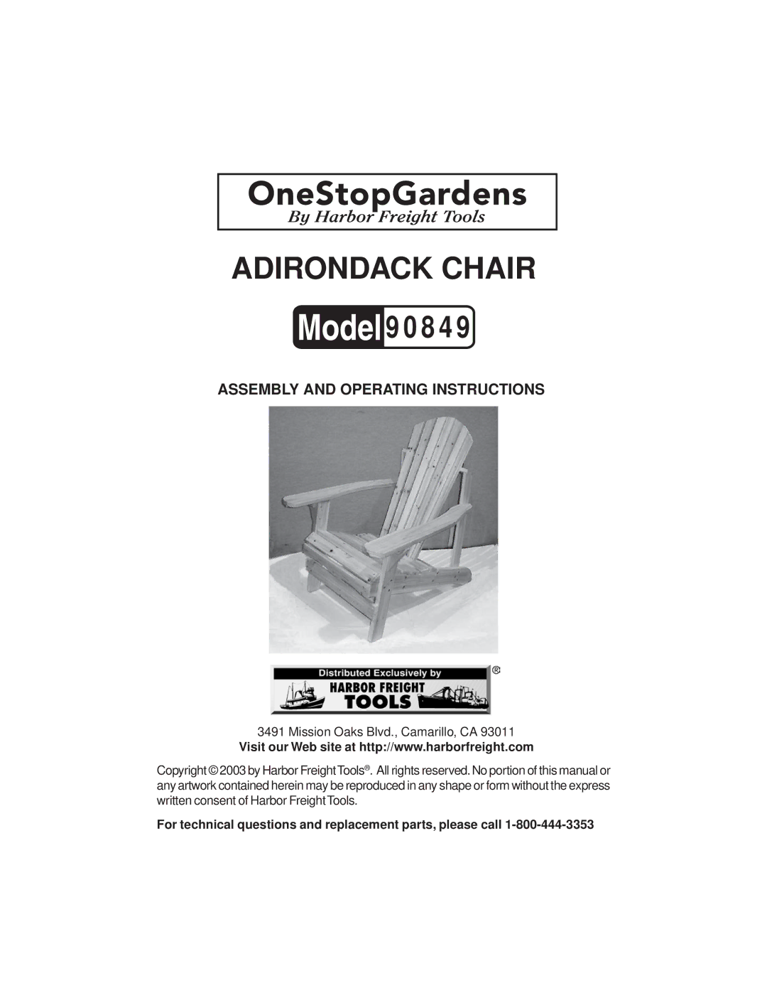 Harbor Freight Tools 90849 operating instructions Adirondack Chair 