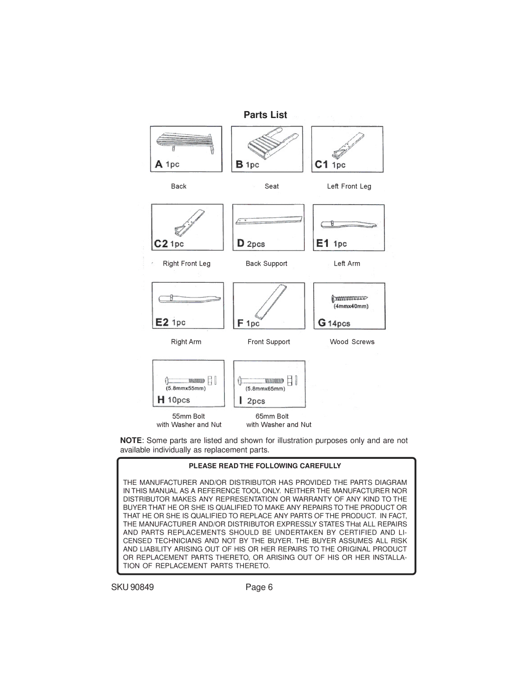 Harbor Freight Tools 90849 operating instructions Parts List 