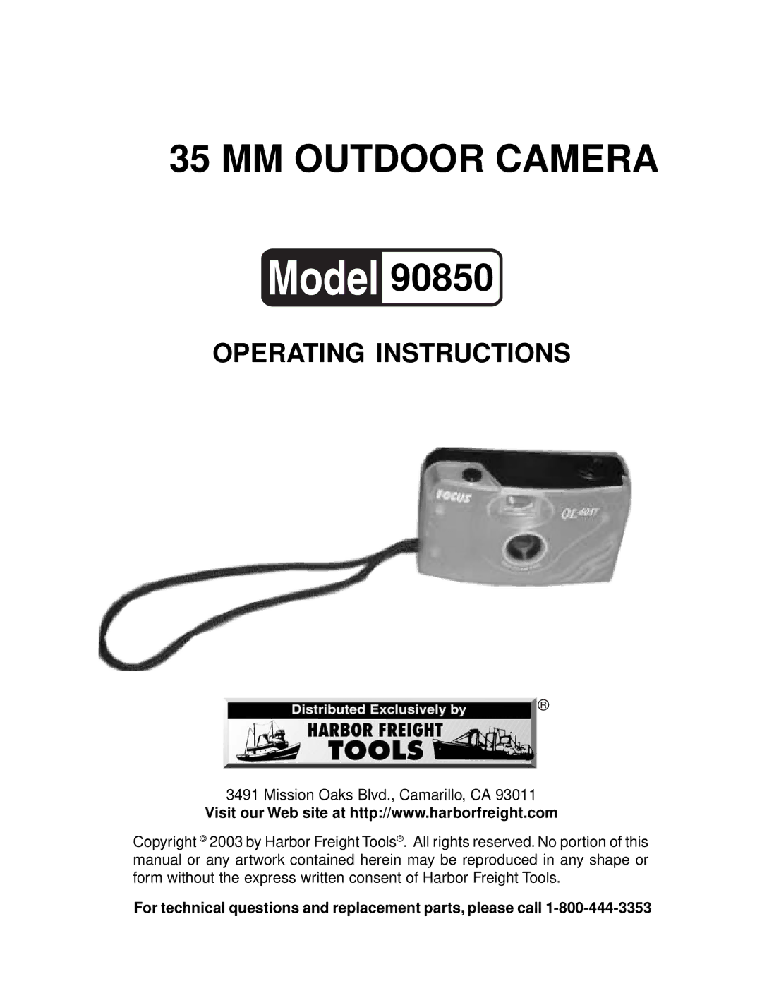 Harbor Freight Tools 90850 operating instructions MM Outdoor Camera 