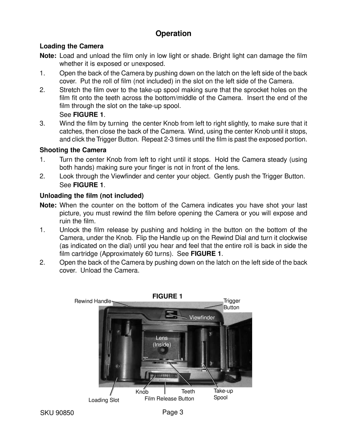 Harbor Freight Tools 90850 Operation, Loading the Camera, See Figure, Shooting the Camera, Unloading the film not included 