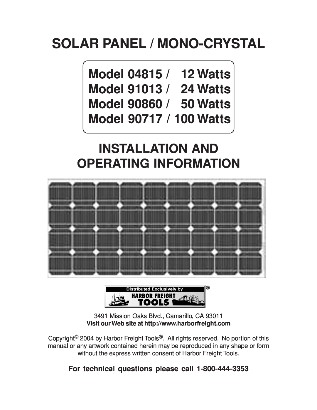 Harbor Freight Tools 91013, 90860 manual For technical questions please call, Solar Panel / Mono-Crystal, Model, Watts 