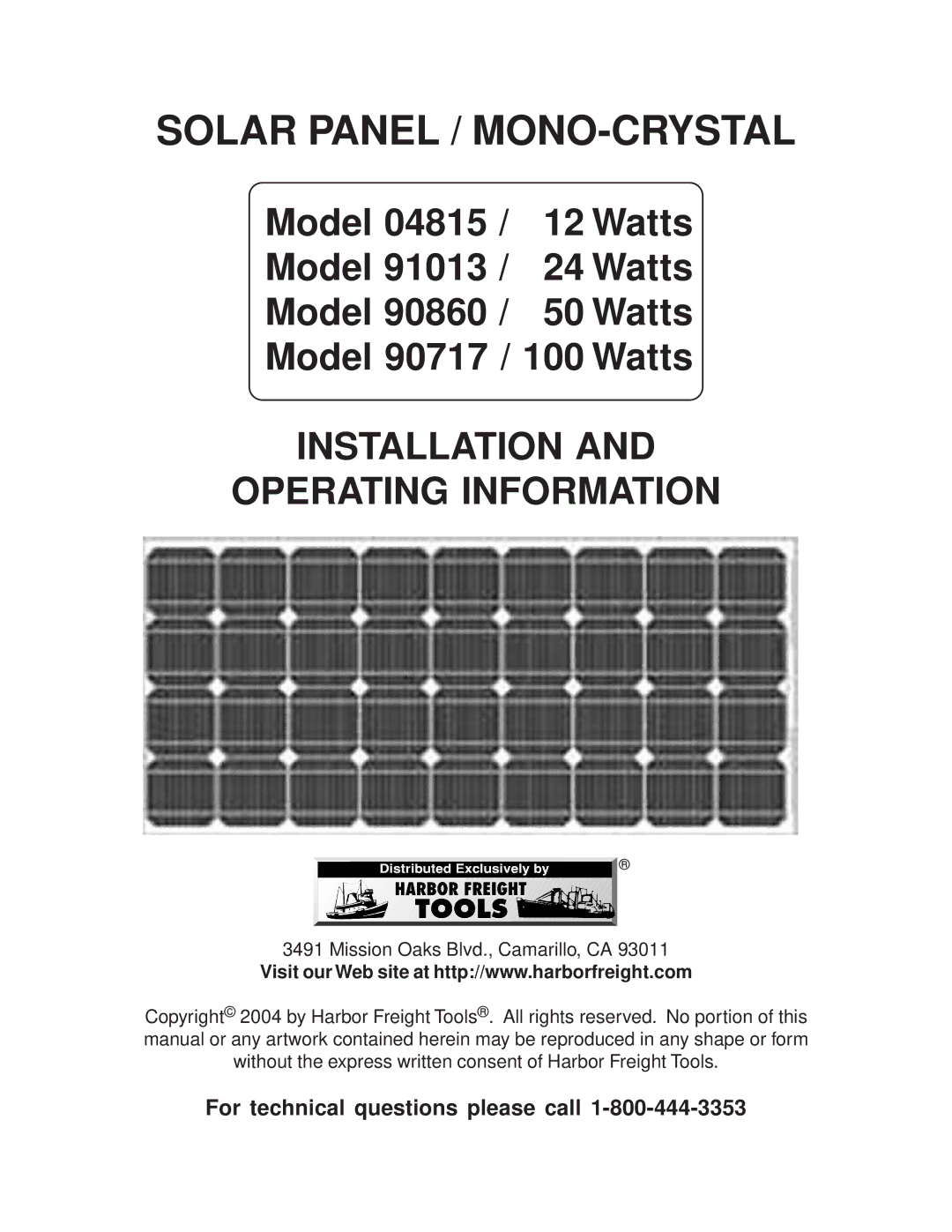 Harbor Freight Tools 91013, 90860, 90717, 4815 manual Solar Panel / MONO-CRYSTAL 