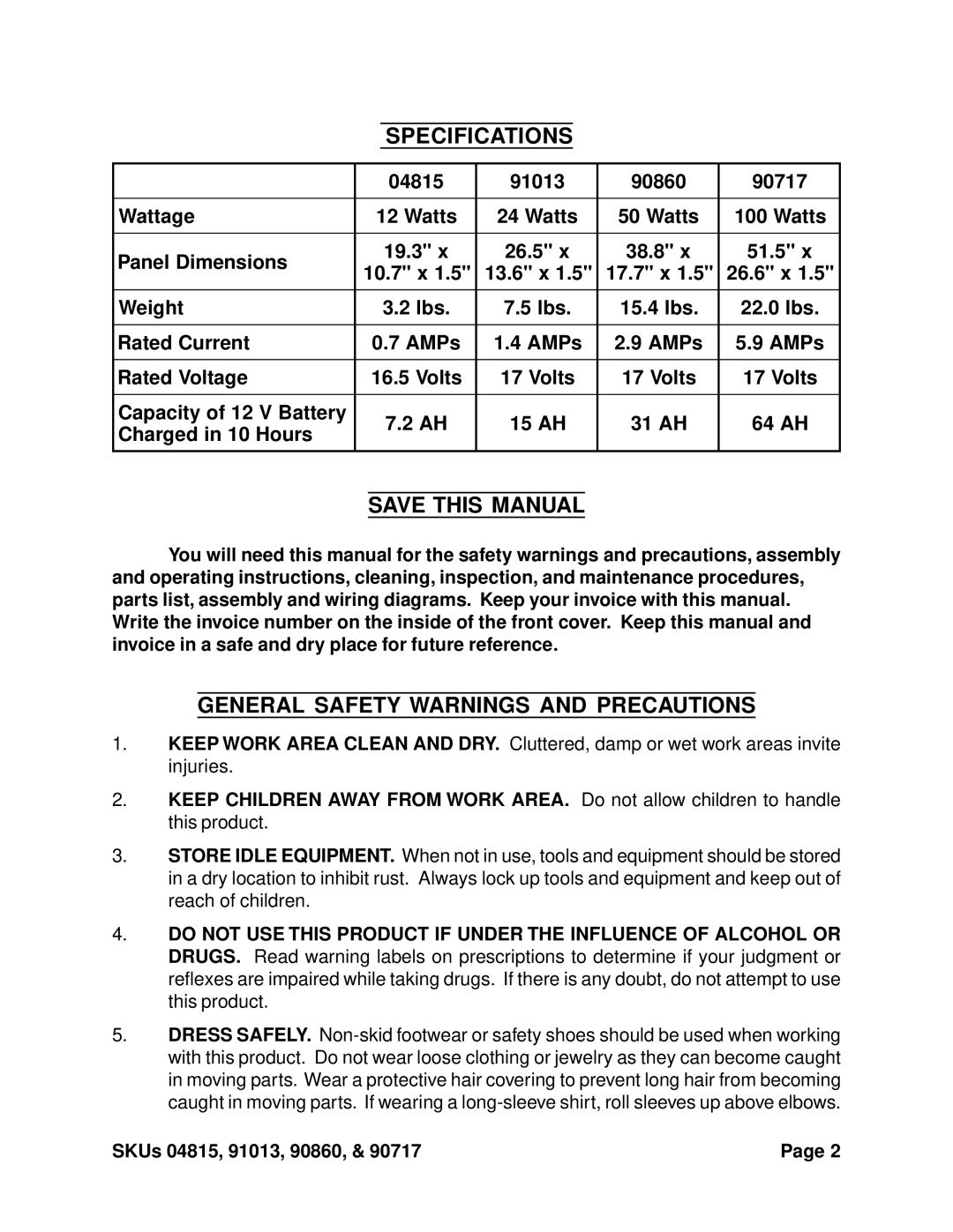 Harbor Freight Tools 90717, 90860, 91013, 4815 Specifications, Save this Manual, General Safety Warnings and Precautions 