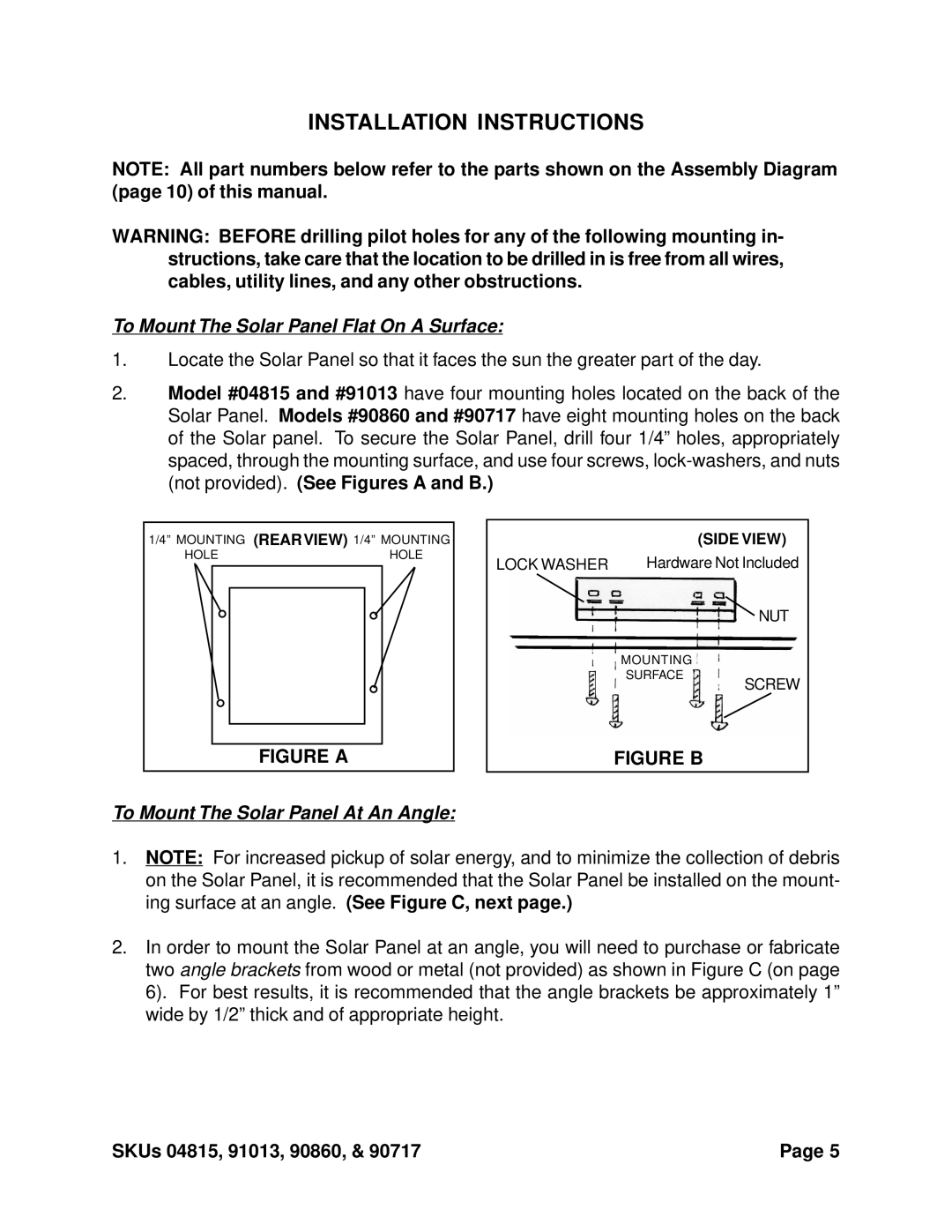 Harbor Freight Tools 91013, 90860, 90717, 4815 manual Installation Instructions, To Mount The Solar Panel Flat On a Surface 