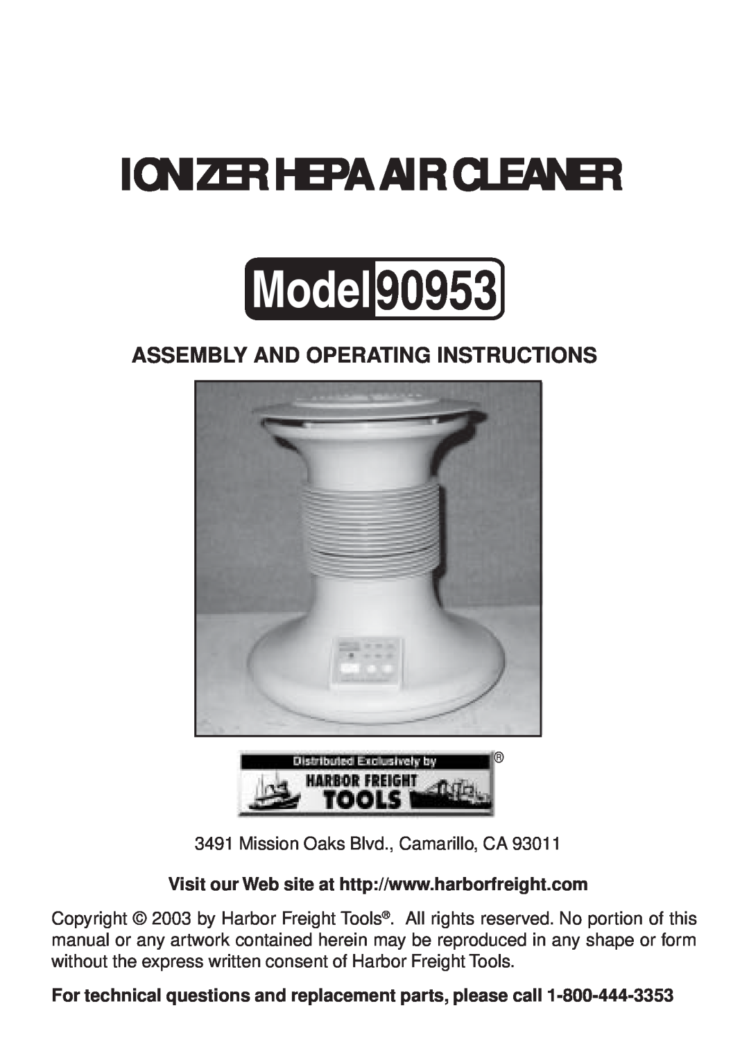Harbor Freight Tools 90953 manual Assembly And Operating Instructions, Ionizer Hepa Air Cleaner 