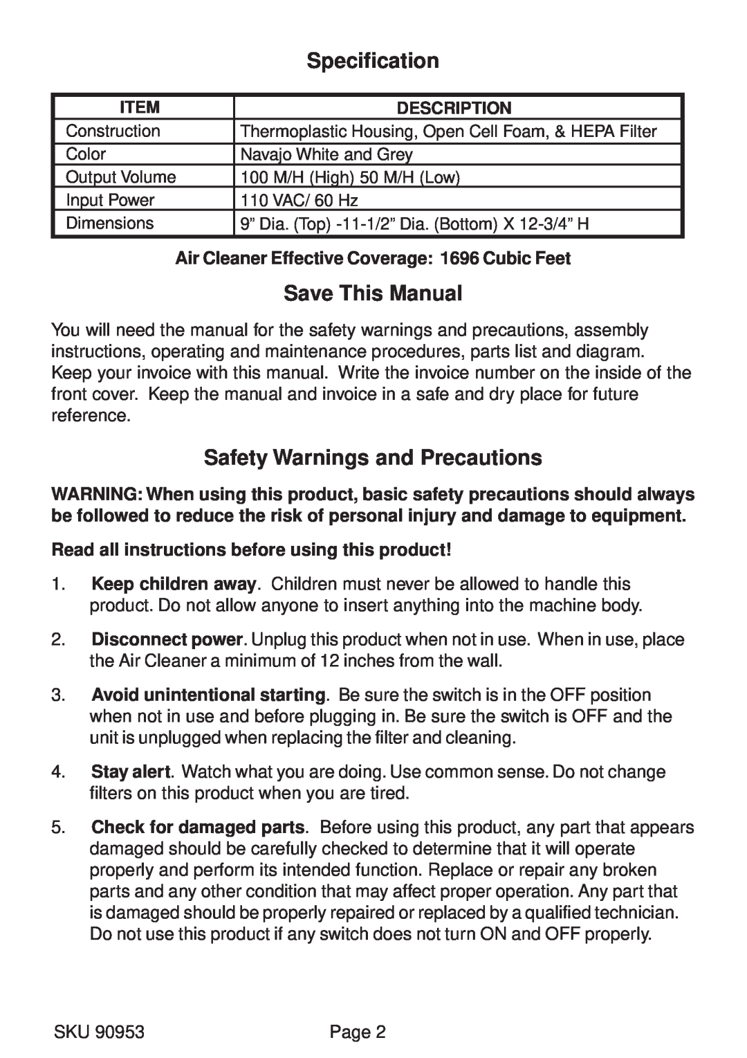 Harbor Freight Tools 90953 manual Specification, Save This Manual, Safety Warnings and Precautions, Description 
