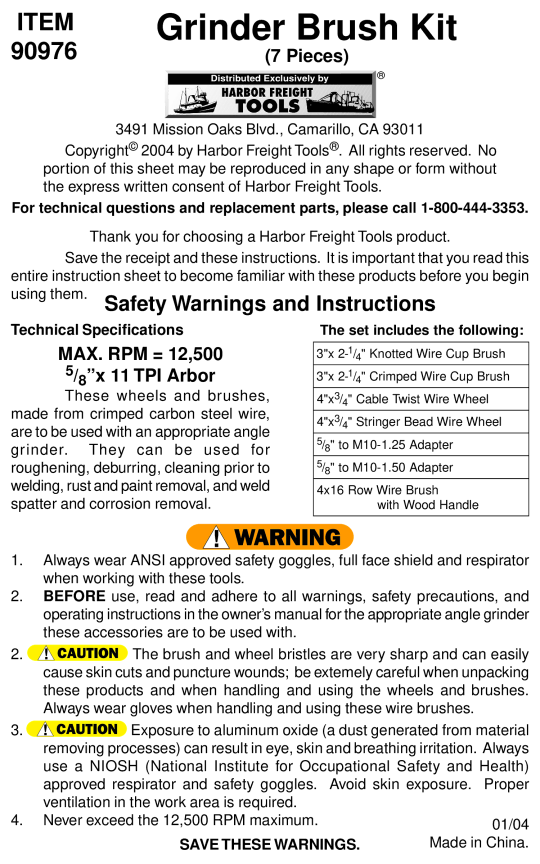 Harbor Freight Tools 90976 instruction sheet Grinder Brush Kit, Pieces, MAX. RPM = 12,500 5/8x 11 TPI Arbor 