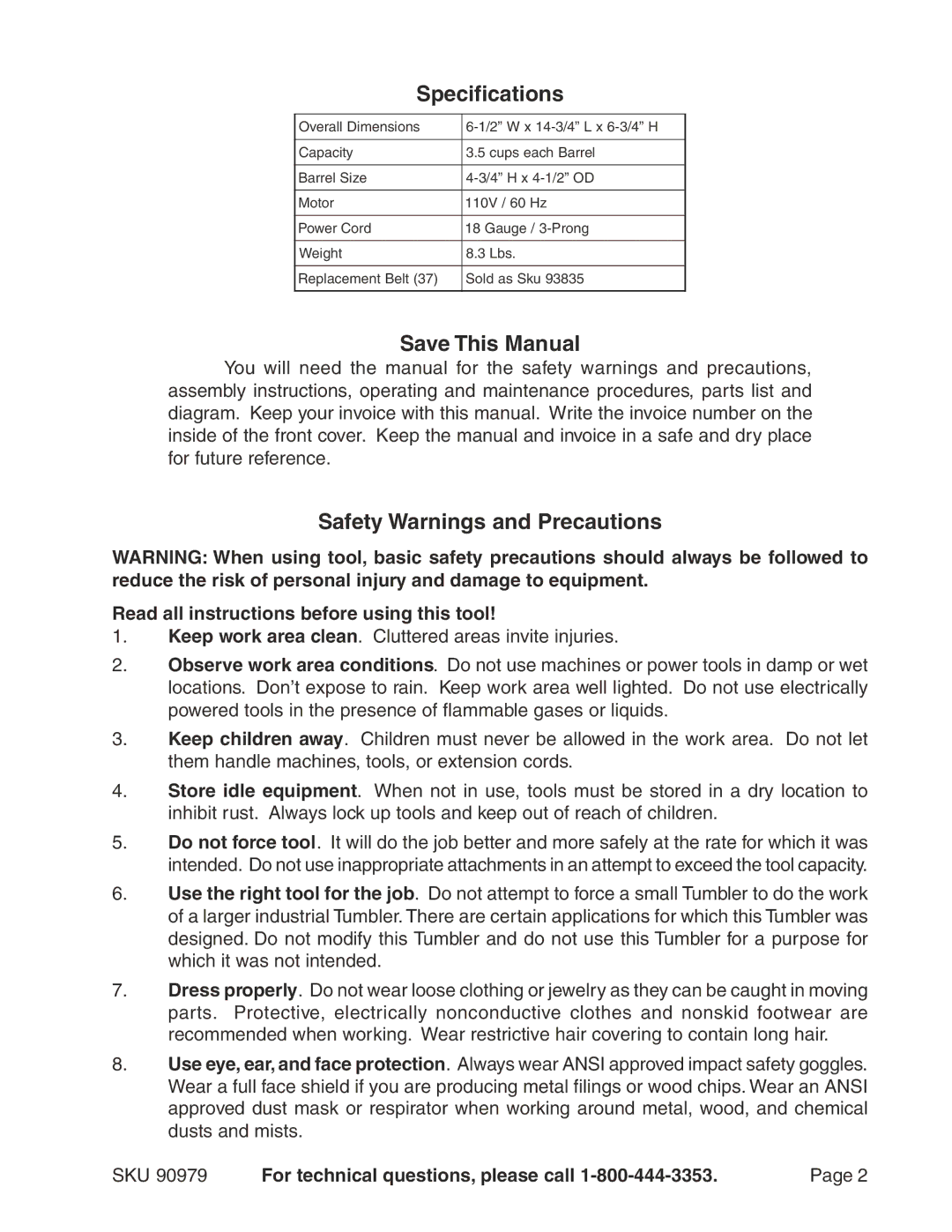 Harbor Freight Tools 90979 operating instructions Specifications, Save This Manual, Safety Warnings and Precautions 