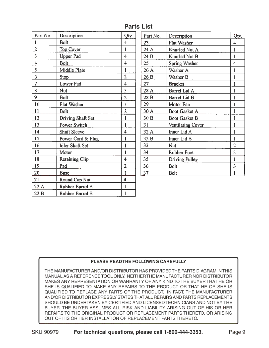 Harbor Freight Tools 90979 operating instructions Parts List, Please Read the Following Carefully 