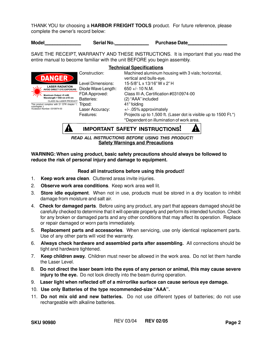 Harbor Freight Tools 90980 Model Serial No. Purchase Date, Technical Specifications, SKU REV 03/04 REV 02/05 