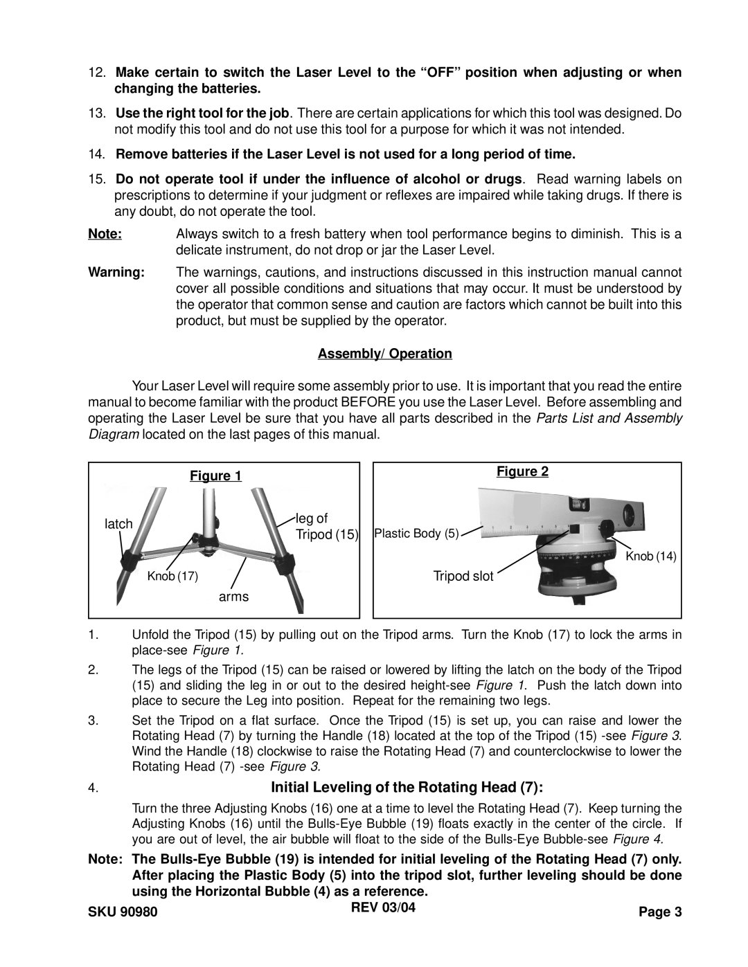 Harbor Freight Tools 90980 operating instructions Assembly/ Operation, Initial Leveling of the Rotating Head 