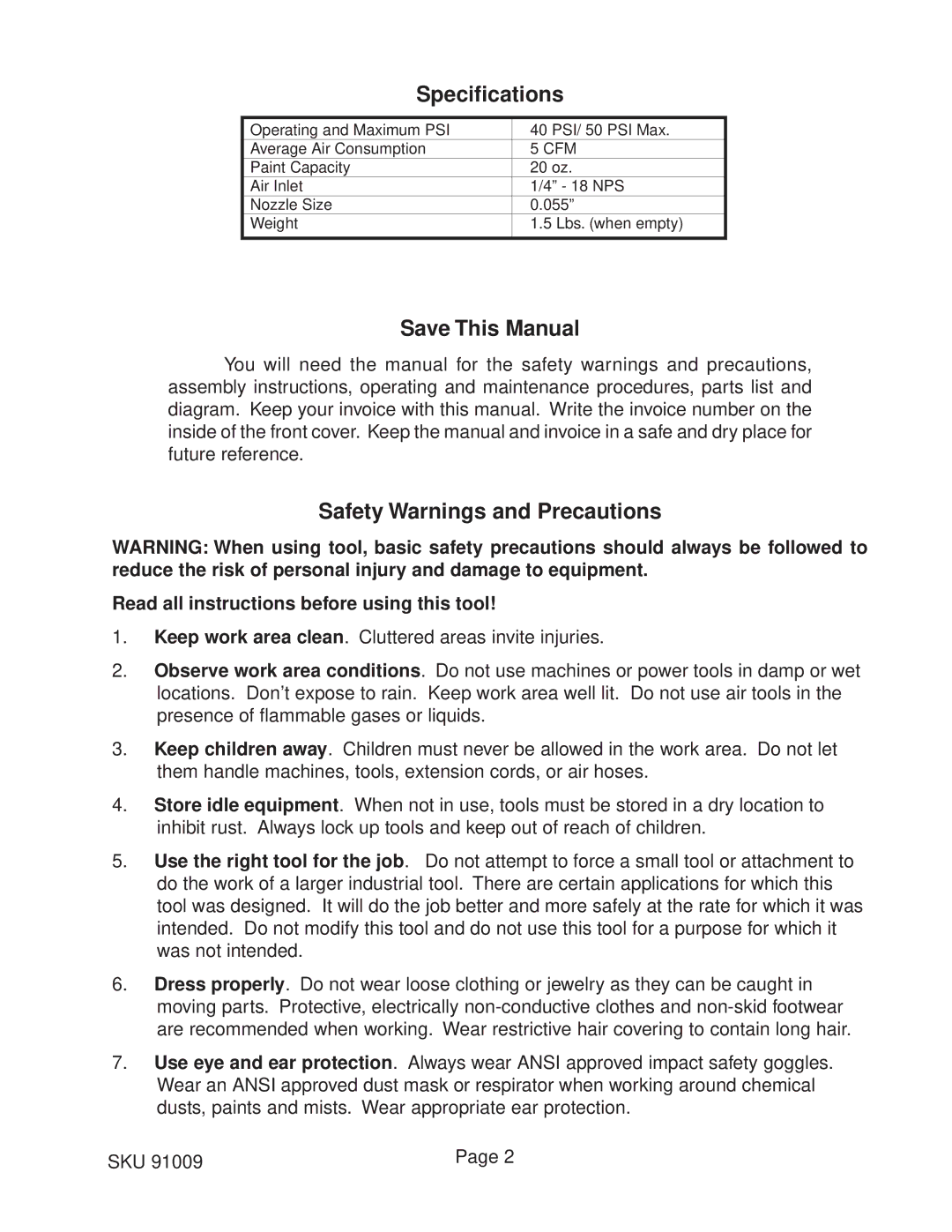 Harbor Freight Tools 91009 operating instructions Specifications, Save This Manual, Safety Warnings and Precautions 