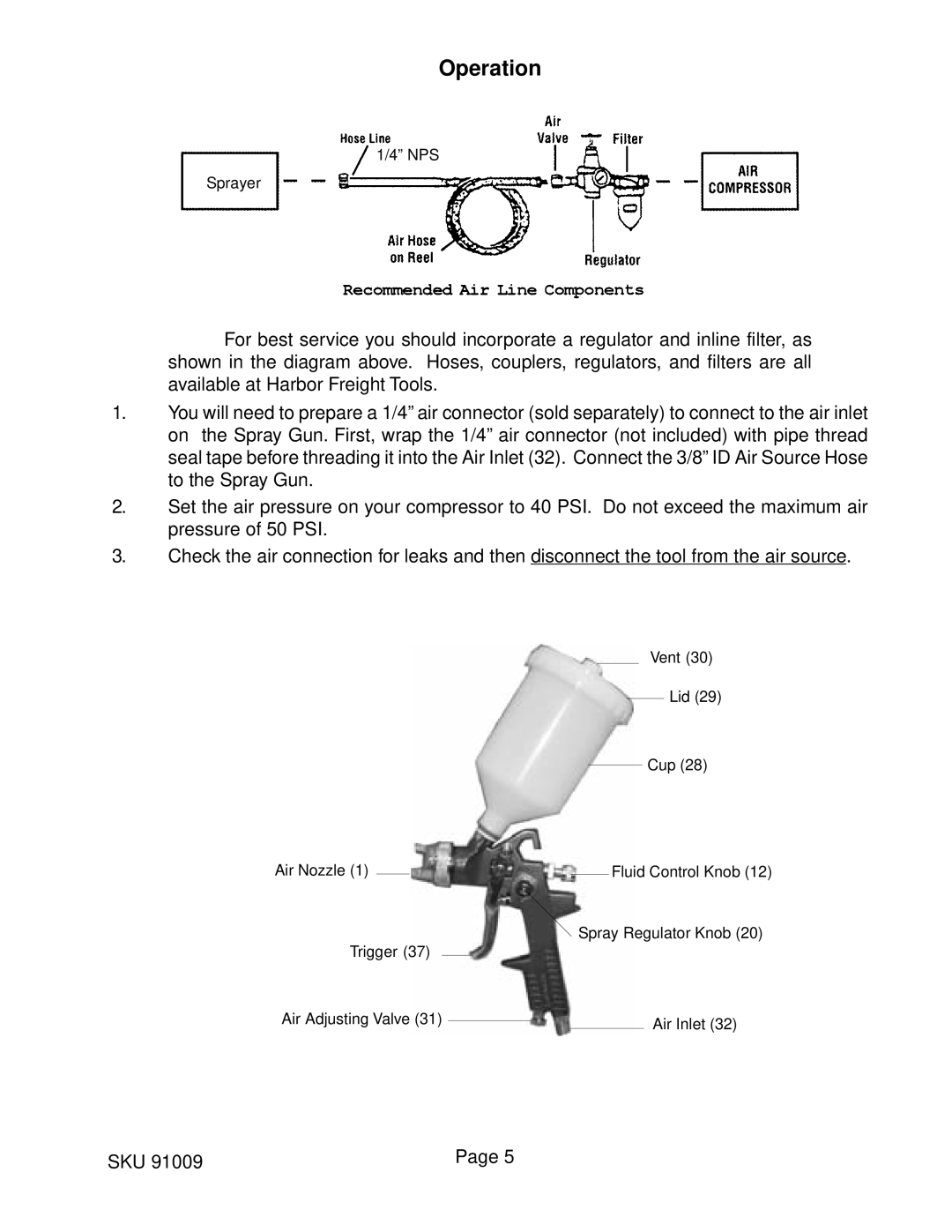 Harbor Freight Tools 91009 operating instructions Operation 