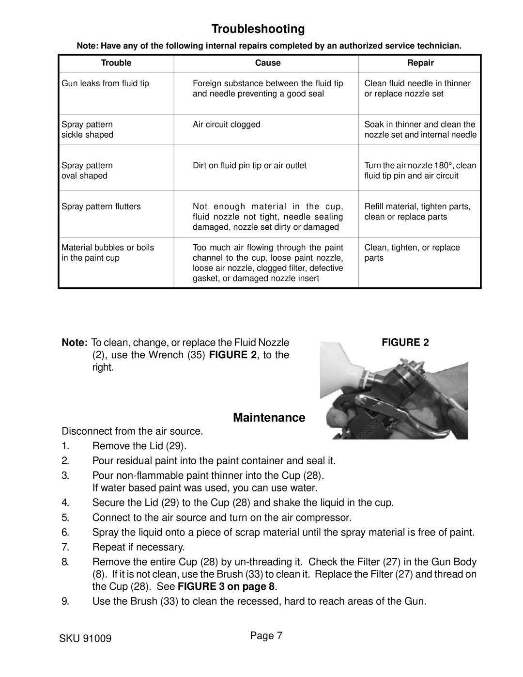 Harbor Freight Tools 91009 operating instructions Troubleshooting, Maintenance 