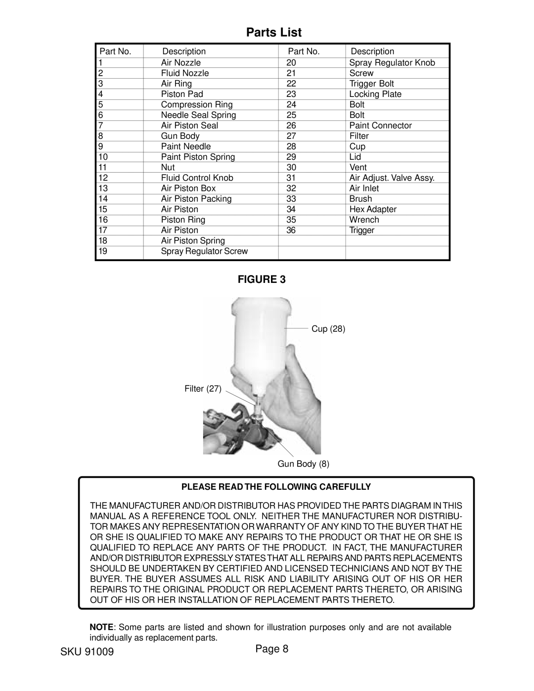 Harbor Freight Tools 91009 operating instructions Parts List, Please Read the Following Carefully 