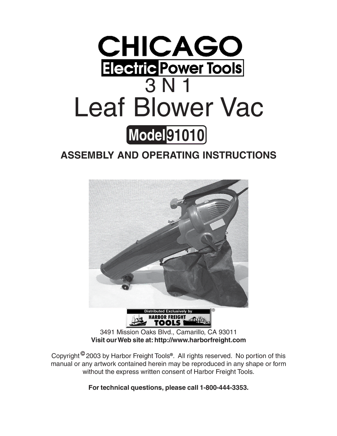 Harbor Freight Tools 91010 operating instructions Leaf Blower Vac, For technical questions, please call 