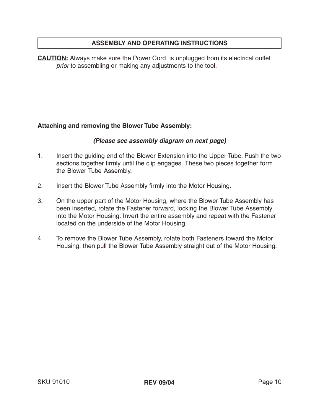 Harbor Freight Tools 91010 Assembly and Operating Instructions, Attaching and removing the Blower Tube Assembly, REV 09/04 