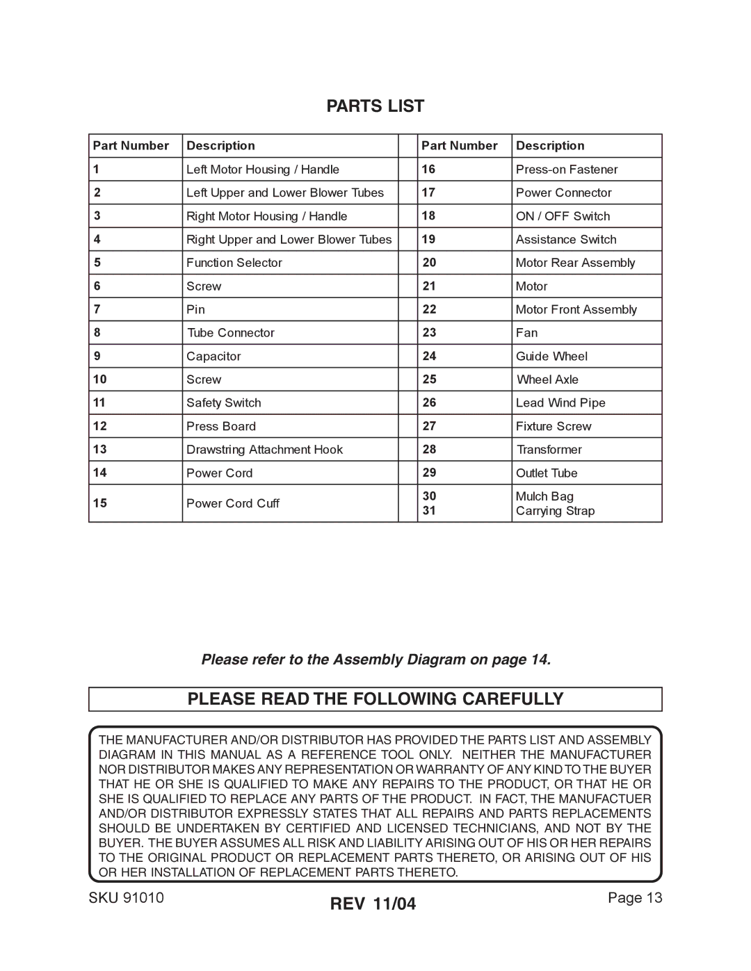 Harbor Freight Tools 91010 operating instructions Parts List, Please Read the Following Carefully 