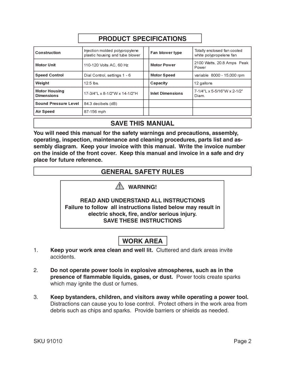 Harbor Freight Tools 91010 operating instructions Product Specifications, Save this Manual, General Safety Rules, Work Area 