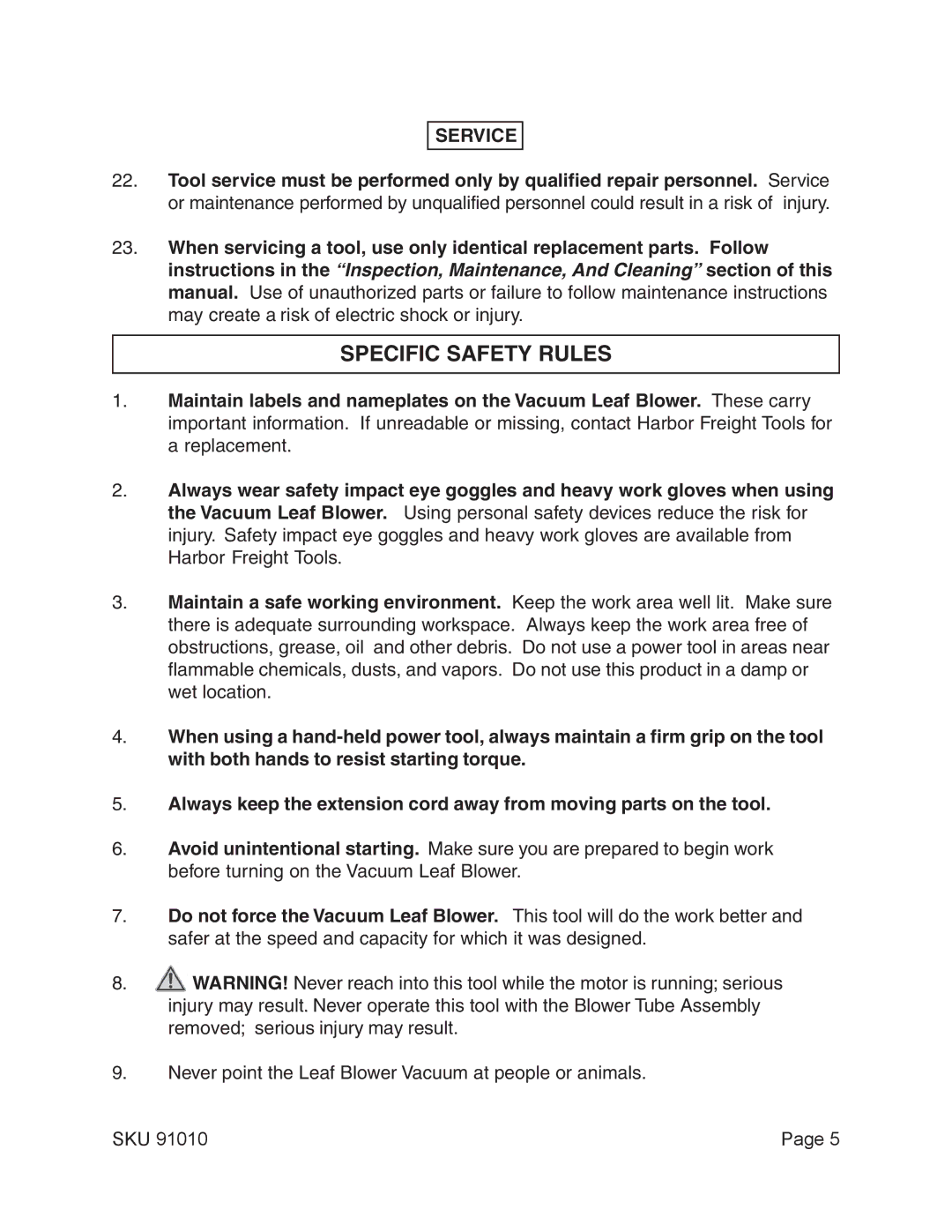 Harbor Freight Tools 91010 operating instructions Specific Safety Rules, Service 