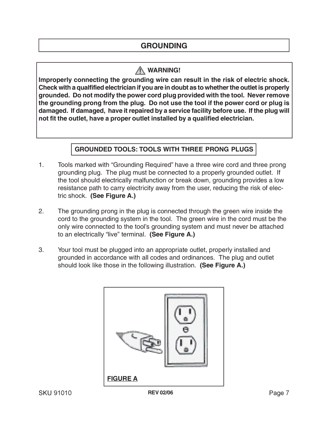 Harbor Freight Tools 91010 operating instructions Grounding, Grounded Tools Tools with Three Prong Plugs 