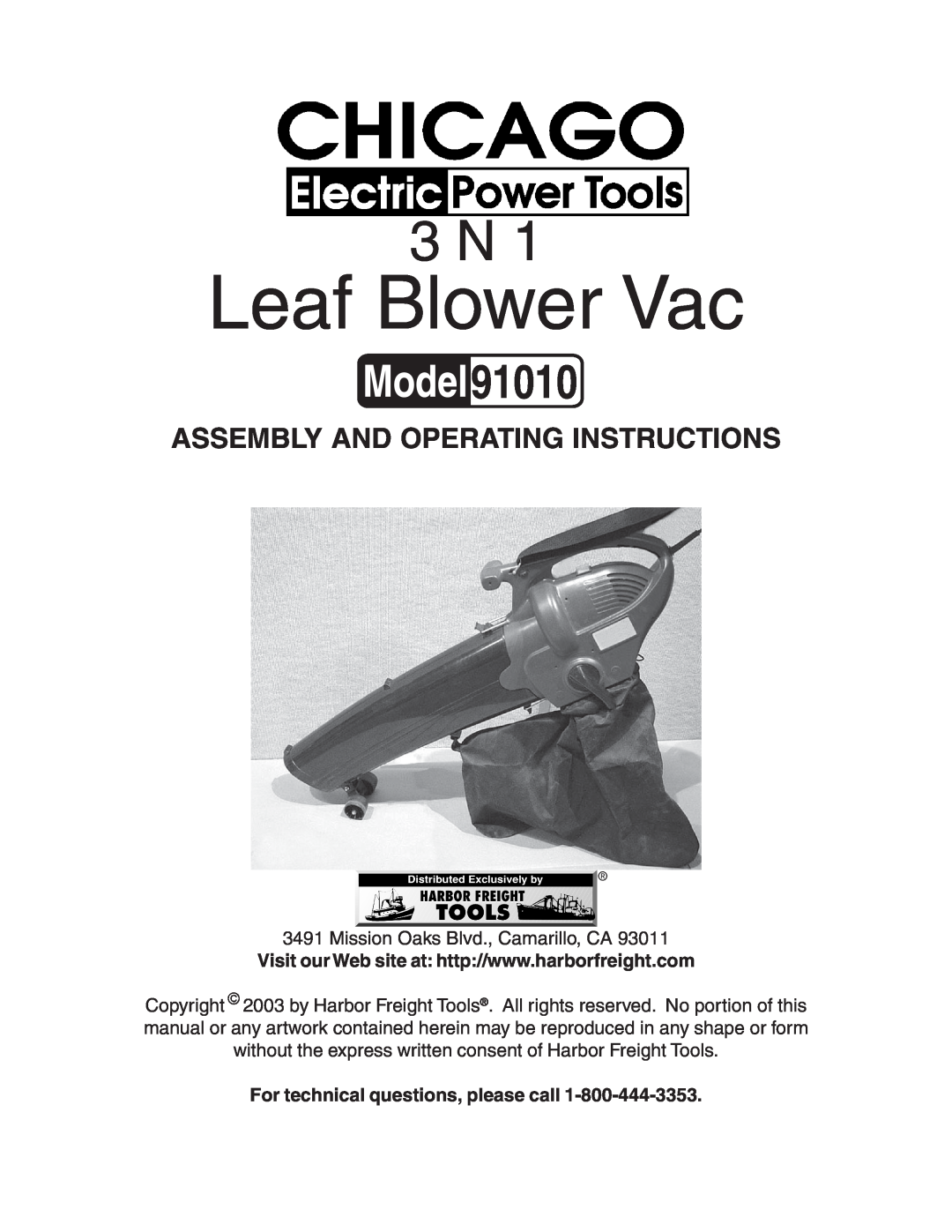 Harbor Freight Tools 91010 operating instructions For technical questions, please call, Leaf Blower Vac 