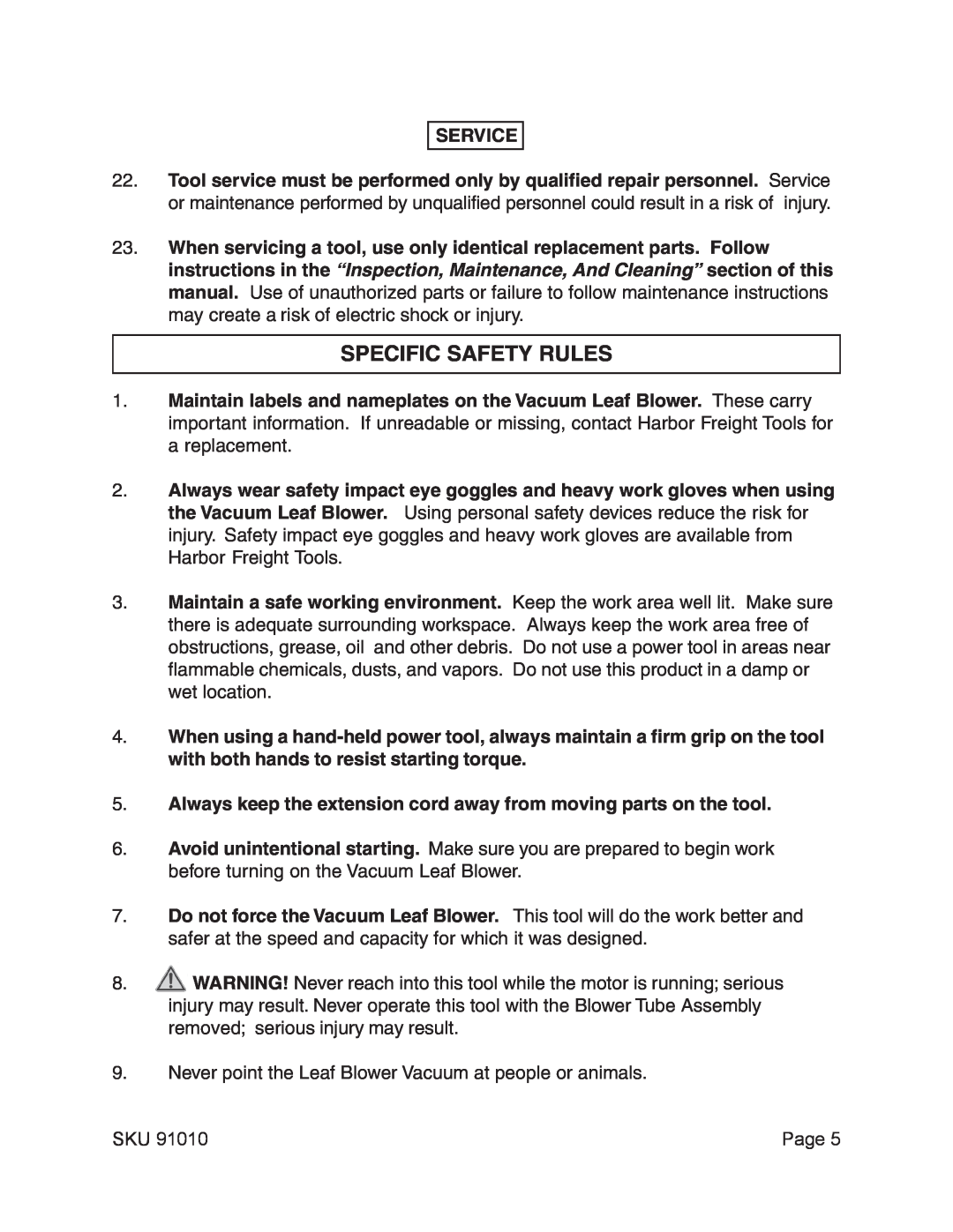 Harbor Freight Tools 91010 operating instructions Specific Safety Rules, Service, Page 