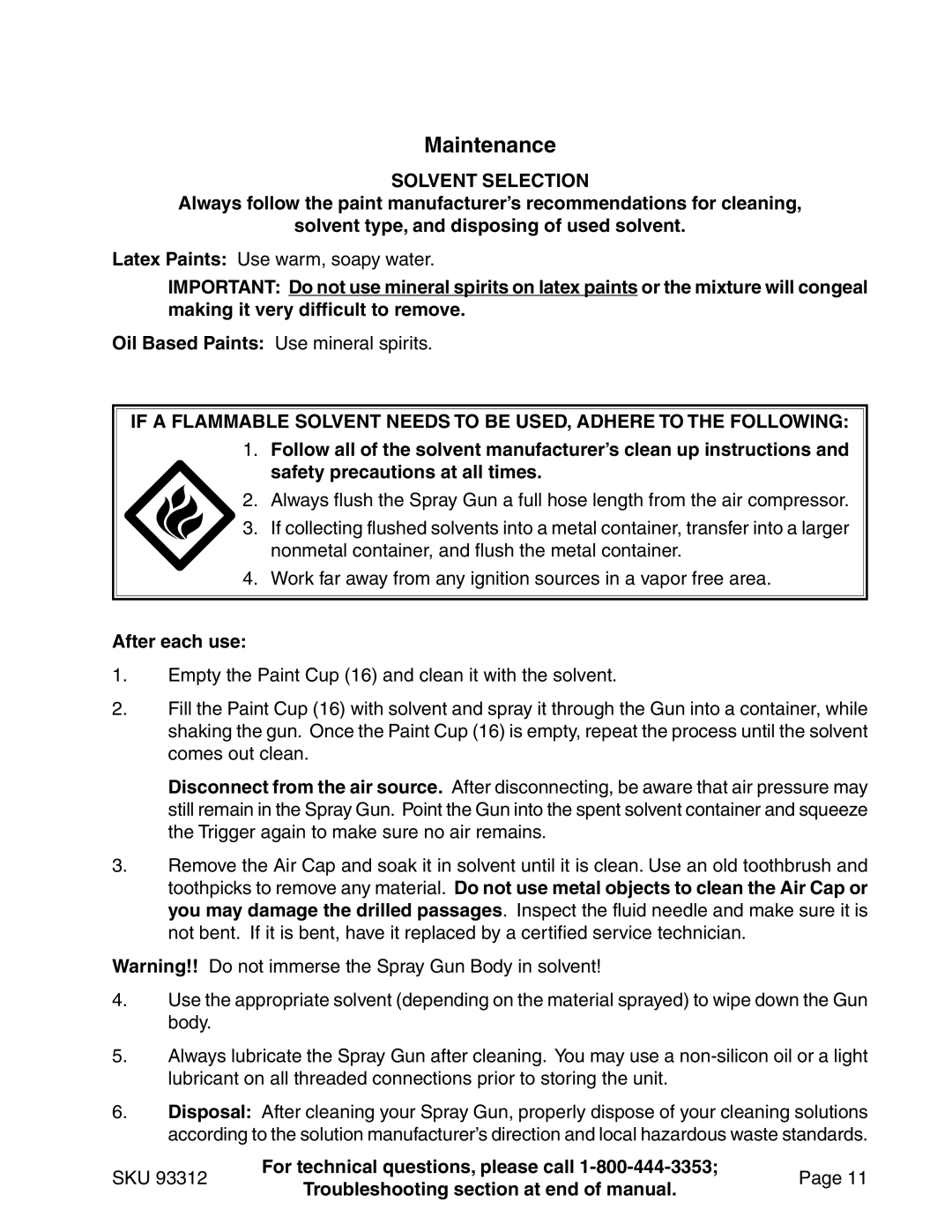 Harbor Freight Tools 91011 operating instructions Maintenance, After each use, SKU For technical questions, please call 