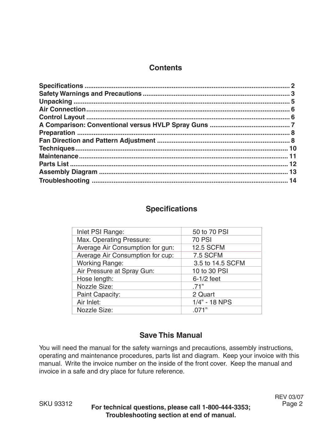 Harbor Freight Tools 91011 operating instructions Contents, Specifications, Save This Manual 