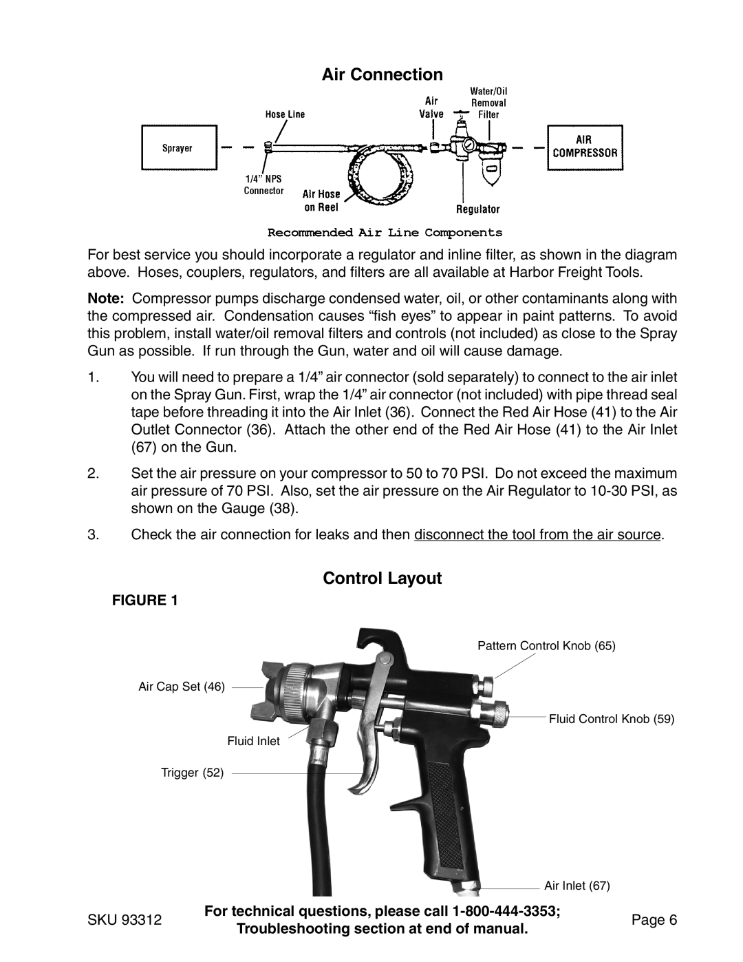 Harbor Freight Tools 91011 operating instructions Air Connection, Control Layout 